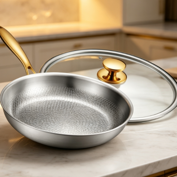 Pure Titanium Hammered Frying Pan With Lid, Non-Toxic, Induction Safe