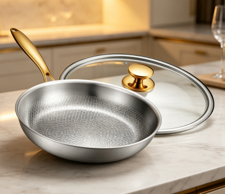 Pure Titanium Hammered Frying Pan With Lid, Non-Toxic, Induction Safe