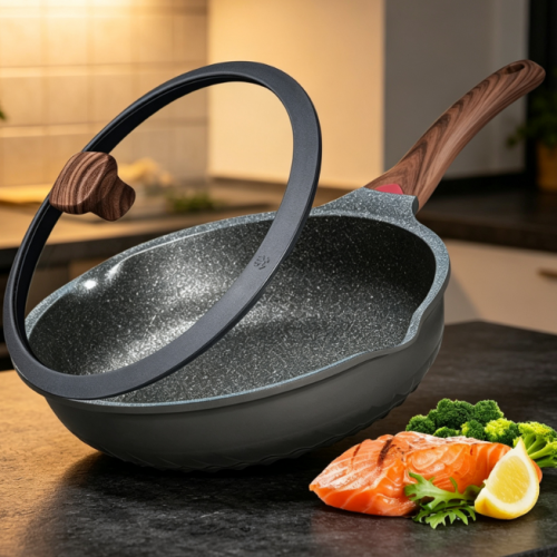 Deep Frying Pan/Wok With Lid, Ceramic Coating, Heat Indicator