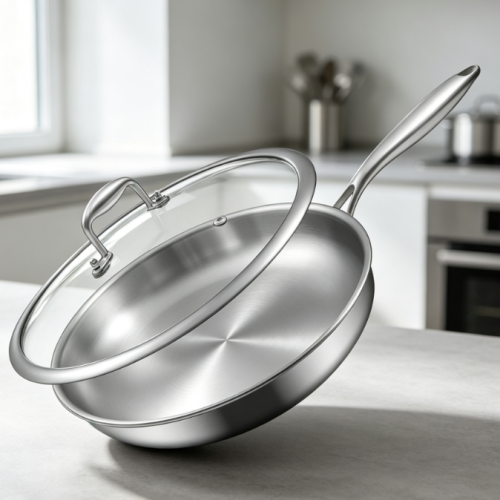 Tri-Ply Stainless Steel Frying Pan With Lid, High-Heat Compatible