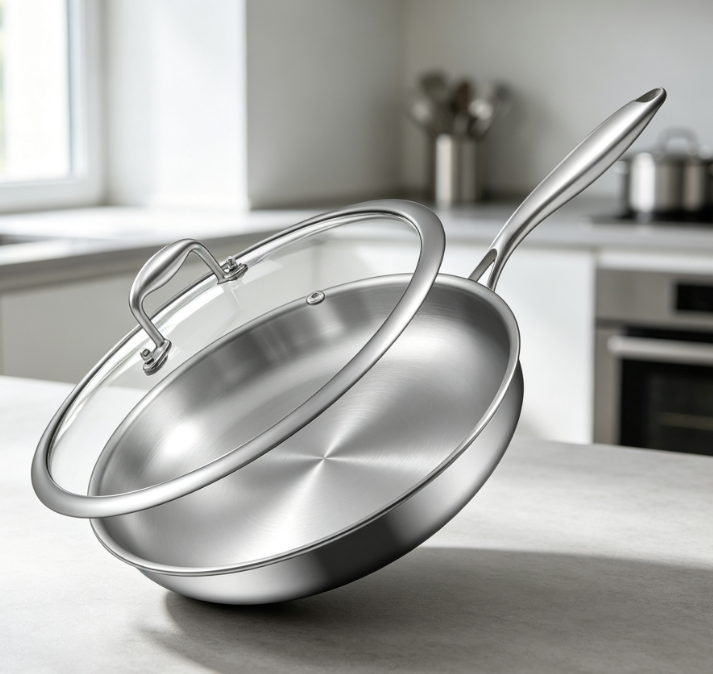 Tri-Ply Stainless Steel Frying Pan With Lid, High-Heat Compatible